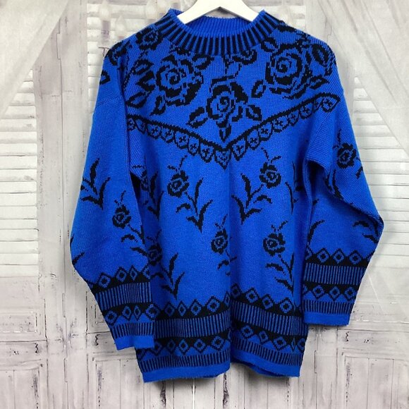 Vintage Bobbie Brooks Blue Rose Knit Sweater S - Picture 1 of 8
